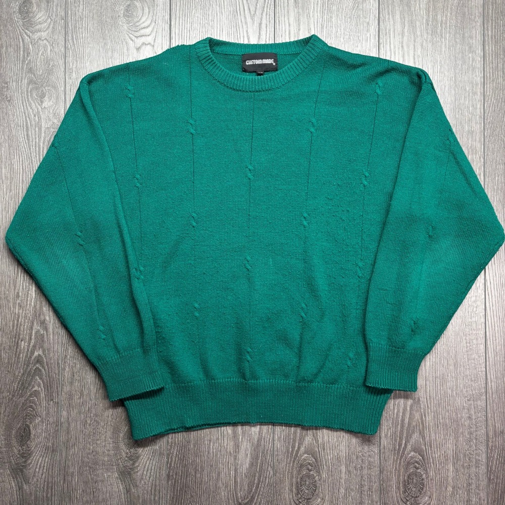 Vintage Mens Emerald Green Cable Knit Crewneck Sweater Size Large